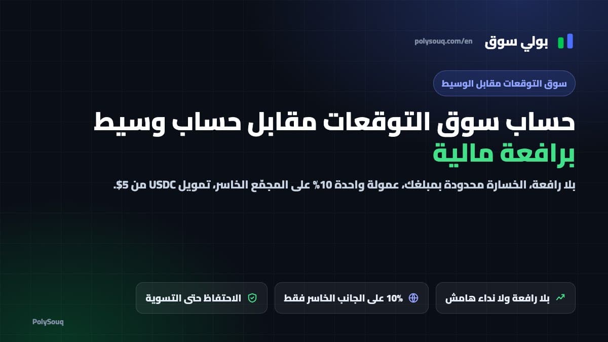 حساب أسواق التوقعات في بولي سوق مقابل حساب وسيط برافعة مالية: بلا رافعة، الخسارة محدودة بمبلغك، عمولة 10% واحدة على المجمّع الخاسر، تمويل USDC من 5$